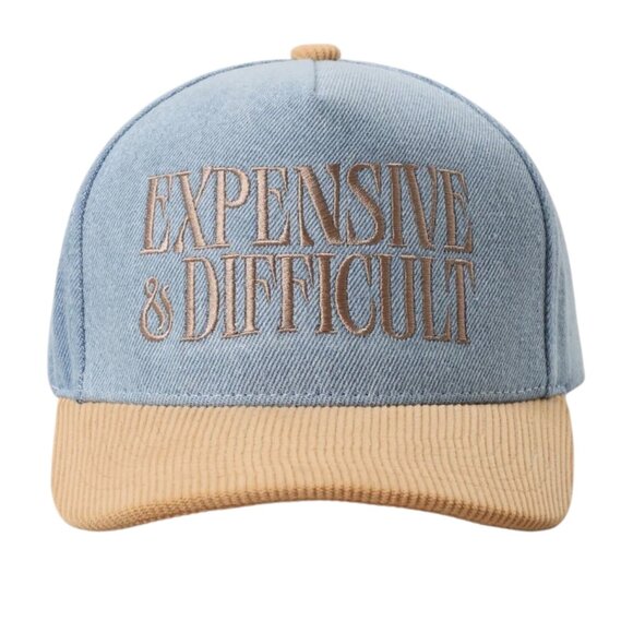 Expensive & Difficult Embroidered Hat Denim Blue Tan Corduroy Bill Adjustable - Picture 1 of 5